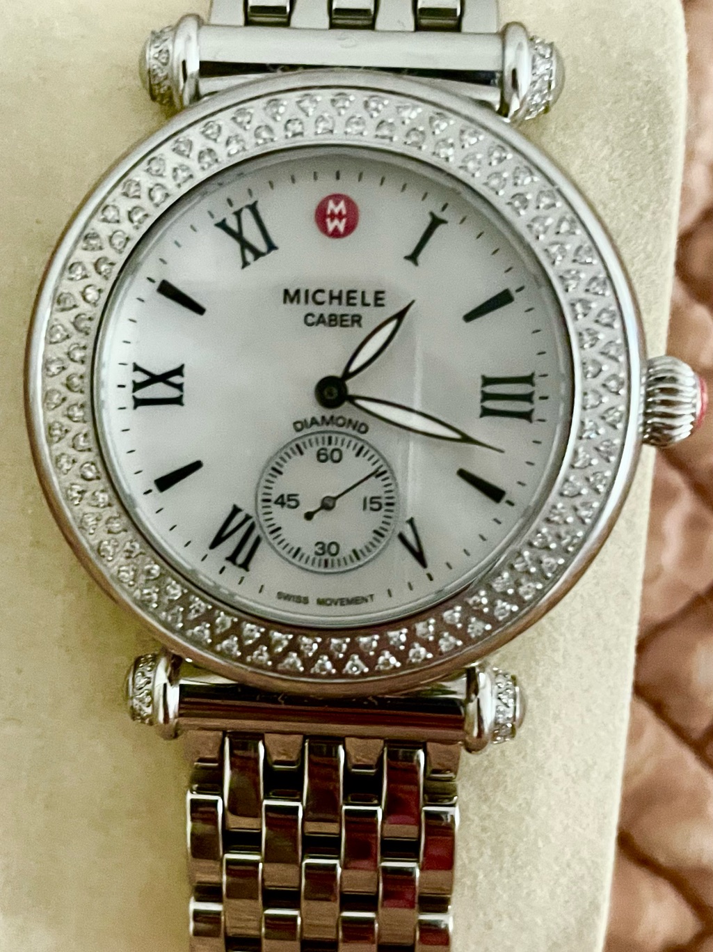 Michele Caber Collection Diamond Bezel Silver Tone Mother Of Pearl Dial